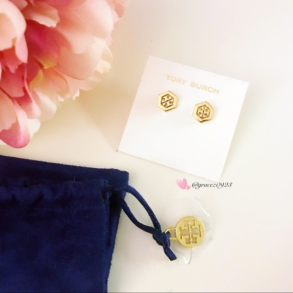 NWT Tory Burch Hex Logo stud earrings gold - Picture 2 of 5